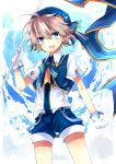  1boy bandana blue_eyes blush bow brown_hair clouds cloudy_sky flag gloves highres leeannpippisum looking_at_viewer male open_mouth original short_hair shorts sky smile solo white_gloves 