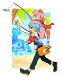 2boys blue_eyes blue_hair boots copyright_name crown fishing_rod haku_le insect jacket male multiple_boys ocean_prince pants piggyback pink_hair puyo_(puyopuyo) puyopuyo puyopuyo_fever red_eyes salde_canarl_shellbrick_iii shoes sig smile 