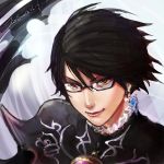  1girl alternate_hair_length alternate_hairstyle bayonetta bayonetta_(character) bayonetta_2 brown_eyes dated earrings glasses jewelry jio_sua lips mole short_hair signature smile solo 