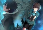  1girl absurdres aiming blue_eyes brown_hair clenched_teeth gun highres linjie multiple_boys psycho-pass short_hair skirt tsunemori_akane weapon 