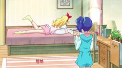  2girls aikatsu! animated animated_gif bed blonde_hair blue_hair book chair curtains desk hoshimiya_ichigo kiriya_aoi lamp multiple_girls plant room slippers tagme window 