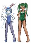  2girls alternate_costume anger_vein angry animal_ears bare_legs barefoot blue_eyes blue_hair blush breasts bunnysuit clenched_hand genderswap green_hair highres league_of_legends long_hair multiple_girls nam_(valckiry) pantyhose personification renekton short_hair standing sweat swimsuit twintails xerath yellow_eyes 