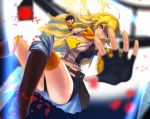  1girl ahoge belt blonde_hair blurry boots breasts cleavage clenched_hand coppelia_(futamine) depth_of_field grin jacket lips long_hair orange_legwear petals rwby scarf shorts smile solo thigh-highs violet_eyes yang_xiao_long 