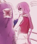  1girl bandaid boxing_gloves braid long_hair melty_blood nagato123 picture_(object) punching_bag purple_hair shorts single_braid sion_eltnam_atlasia solo sweat towel_around_neck tsukihime very_long_hair violet_eyes wallachia 