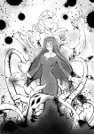  1girl blood breasts closed_eyes cross cross_necklace double_(skullgirls) extra_eyes habit large_breasts monochrome monster nun short_hair skullgirls smile solo tentacles 