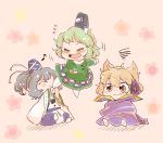  3girls baby brown_hair cape closed_eyes dress earmuffs green_hair hat japanese_clothes komaku_juushoku mononobe_no_futo multiple_girls musical_note open_mouth short_hair silver_hair smile soga_no_tojiko tate_eboshi touhou toyosatomimi_no_miko young 