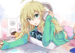  blonde_hair doughnut drink green_eyes headphones hoshii_miki idolmaster kiriyama long_hair 