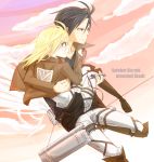  2girls black_hair blonde_hair carrying christa_renz clouds german gogono_pan&#039;ya highres jacket multiple_girls profile ranguage shingeki_no_kyojin short_hair sky three-dimensional_maneuver_gear uniform ymir_(shingeki_no_kyojin) 