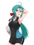  1girl ahoge arm_up green_eyes green_hair hair_ribbon hatsune_miku highres long_hair oonishi_shunsuke open_mouth ponytail ribbon shorts simple_background solo vocaloid volleyball white_background 