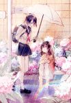  2girls backpack bag flower multiple_girls original rain rainbow rosele school_uniform serafuku umbrella 