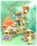  1boy 1girl :3 apple azel_(rune_factory) bangs belt beret blue_eyes blush blush_stickers bowtie cherry chestnut finger_to_mouth food forest fruit grapes green_eyes hat indian_style kawazoe_mariko leaning leaning_forward long_sleeves monster mushroom nature onigiri orange pants parted_bangs parted_lips pink_hair puffy_sleeves rice rune_factory rune_factory_oceans short_hair silver_hair sitting smile sonia_(rune_factory) spiky_hair 