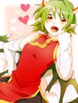  1girl :d clenched_hand draco_centauros elbow_gloves erigamine gloves green_hair hand_on_hip heart horns madou_monogatari open_mouth orange_eyes pointy_ears puyopuyo short_hair smile solo white_gloves wings 