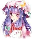  1girl blush bust confession hair_ribbon hat highres letter long_hair looking_at_viewer love_letter open_mouth patchouli_knowledge pink_eyes purple_hair ribbon silver_hair solo takahasiy touhou tress_ribbon white_background 
