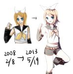  1girl blonde_hair blue_eyes dated detached_sleeves directional_arrow hair_ornament hair_ribbon hairclip kagamine_rin looking_at_viewer midriff navel nishina_(alive001) open_mouth progress ribbon short_hair shorts solo vocaloid white_background 