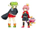  +_+ 1boy 1girl black_legwear blue_eyes cape crossed_arms crown double_bun dual_persona fish green_hair horns kei-chan_(atlas_kei) kneehighs ocean_prince pentacle pink_hair pointy_ears puyopuyo puyopuyo_fever rider_(puyopuyo) salde_canarl_shellbrick_iii school_uniform shoes short_hair shorts skirt sleeves_past_wrists socks white_background 