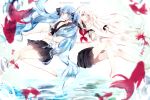  2girls blue_eyes blue_hair bottle_ia bottle_miku fish hair_ribbon haku_(aoray) hatsune_miku highres ia_(vocaloid) liquid_hair midriff multiple_girls navel ribbon school_uniform serafuku skirt twintails vocaloid water white_hair 