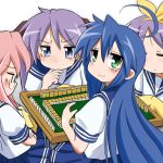  4girls hiiragi_kagami hiiragi_tsukasa izumi_konata lucky_star mahjong mizushima_(p201112) multiple_girls playing_games school_uniform serafuku table takara_miyuki 