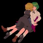  2girls all_fours antennae arm_support black_background blonde_hair bobby_socks cape face-to-face green_eyes green_hair hair_ribbon juliet_sleeves loafers long_sleeves multiple_girls puffy_sleeves ribbon rumia shoes skirt skirt_set socks ta_(tama2623) touhou wriggle_nightbug yuri 