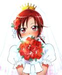  1girl blush crown dress earrings flower gloves gown hair_flower hair_ornament heart hino_akane jewelry kagami_chihiro precure puffy_sleeves red_eyes red_rose redhead rose short_hair simple_background smile_precure! solo wedding_dress white_background white_dress white_gloves 