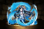  1girl blue_eyes blue_legwear china_dress chinese_clothes dragon dragon_ears dragon_girl dragon_horns dragon_tail gauntlets karin_(p&amp;d) kneeling long_hair magma_chipmunk monster_girl puzzle_&amp;_dragons smile spiked_knuckles tail 