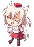  &gt;_&lt; 1girl animal_ears aria. blush chibi detached_sleeves hat highres inubashiri_momiji open_mouth red_eyes short_hair simple_background skirt solo tail tokin_hat touhou waving white_background white_hair wolf_ears wolf_tail 