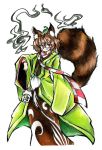  1girl :3 absurdres animal_ears bottle brown_eyes brown_hair checkered clothing_request eyelashes futatsuiwa_mamizou glasses goku_(acoloredpencil) highres japanese_clothes leaf leaf_on_head looking_at_viewer pince-nez raccoon_ears raccoon_tail red_glasses sake_bottle scarf semi-rimless_glasses short_hair simple_background solo tail touhou under-rim_glasses white_background wide_sleeves wisp 