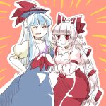  blue_hair bow closed_eyes fujiwara_no_mokou hair_bow hair_ribbon hat kamishirasawa_keine komaku_juushoku long_hair multiple_girls pants red_eyes ribbon silver_hair smile suspenders touhou very_long_hair 