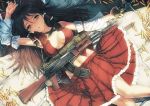 1girl ak-47 assault_rifle bow breasts brown_hair cleavage detached_sleeves explosive grenade gun hair_bow hair_tubes hakurei_reimu knife load_bearing_vest long_hair lying midriff open_clothes open_mouth ribbon rifle shell_casing siqi_(miharuu) skirt solo touhou weapon yellow_eyes 