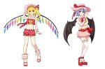  2girls alternate_costume bat_wings blonde_hair blue_hair crop_top flandre_scarlet greetload hat hat_ribbon highres midriff multiple_girls red_eyes red_shoes remilia_scarlet ribbon shoes short_shorts shorts siblings side_ponytail sisters smile touhou wings wrist_cuffs 