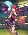  1girl bat_wings blown_kiss cardfight!!_vanguard cheer_girl_marilyn cheerleader contrapposto demon_girl drill_hair full_moon hair_ornament hairclip heart moon pointy_ears redhead ringlets skirt solo_focus spike_brothers stadium succubus tail tattoo terumii thigh_strap wings wink 