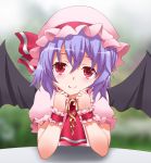 1girl ascot bat_wings blue_hair brooch byeontae_jagga hat hat_ribbon jewelry looking_at_viewer remilia_scarlet ribbon short_hair smile solo table touhou wings wrist_cuffs 
