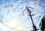  1girl blue_eyes blue_hair chin_rest clouds copyright_name detached_sleeves hatsune_miku headphones kaname_(cherry0732) long_hair power_lines sitting skirt sky telephone_pole thigh-highs twintails very_long_hair vocaloid 