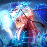  1girl aura blouse blue_background blue_fire bust ershi_cui expressionless fire fox_mask glowing hannya hata_no_kokoro long_hair mask pink_eyes pink_hair profile raised_hand solo touhou 
