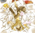  1girl 2boys armin_arlert barefoot bed chikinnu eren_jaeger from_above lying mikasa_ackerman multiple_boys shingeki_no_kyojin sleeping 