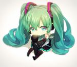  1girl boots chibi detached_sleeves green_eyes green_hair hatsune_miku headphones kyama long_hair microphone necktie sitting skirt solo thigh_boots thighhighs twintails very_long_hair vocaloid 
