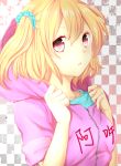  1girl amaoto_sanba blonde_hair checkered checkered_background clothes_writing highres hoodie kagerou_project kisaragi_attention_(vocaloid) kisaragi_momo looking_at_viewer red_eyes short_hair side_ponytail tagme vocaloid zipang_(anime) 