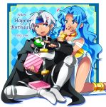  1boy 1girl 2013 anger_vein angry anklet aqua_background argyle argyle_background armor blue_eyes blue_hair boots bracelet choker dated dress fingerless_gloves gift gloves greaves green_eyes half_updo happy_birthday headband hitopm jewelry kneeling long_hair madou_monogatari puyo_(puyopuyo) puyopuyo rulue schezo_wegey sitting smile white_hair 