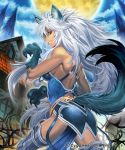  1girl animal_ears armor back bare_shoulders breasts long_hair looking_back moon nott original red_eyes silver_hair solo tail wolf_ears wolf_tail 