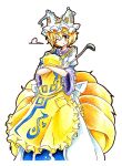  1girl apron blonde_hair blush crossed_arms eyelashes fox_tail goku_(acoloredpencil) hat highres ladle looking_at_viewer multiple_tails short_hair simple_background smile solo tail touhou traditional_media white_background wide_sleeves wink yakumo_ran yellow_eyes 