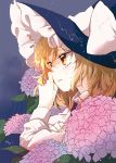  1girl blonde_hair blue_background flower hands_on_own_face hat hat_ribbon hydrangea kirisame_marisa long_sleeves looking_away parted_lips rain ribbon short_hair solo tears touhou water_droplets wet witch_hat yellow_eyes yonu_(yonurime) 