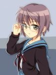 1girl brown_eyes cardigan glasses grey_hair highres mo_nika nagato_yuki school_uniform short_hair suzumiya_haruhi_no_yuuutsu 