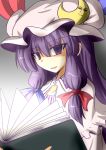  1girl book bust capelet crescent gomasamune hat long_hair open_mouth patchouli_knowledge purple_hair smile smirk solo touhou violet_eyes 
