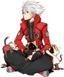  &gt;_&lt; 1boy animal_ears blazblue boots cat_ears cat_hood cat_tail gloves green_eyes hakama heterochromia hood indian_style jacket japanese_clothes kaka_kittens male ragna_the_bloodedge red_eyes silver_hair sitting sitting_on_lap sitting_on_person sweatdrop tail 