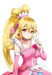  1girl aida_mana arcana_(trex97) blonde_hair cure_heart dokidoki!_precure hair_twirling half_updo heart highres long_hair pink_eyes ponytail precure red_eyes simple_background smile solo white_background 