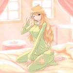  1girl ahoge barefoot bed blonde_hair feet green_eyes hinotori hoshii_miki idolmaster long_hair looking_at_viewer pajamas rubbing_eyes sleepy soles solo star_print sunbeam sunlight toes waking_up wavy_mouth window wink 