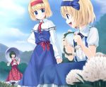  3girls a_(aaaaaaaaaaw) alice_margatroid alice_margatroid_(pc-98) blonde_hair blue_eyes blurry depth_of_field dress flower green_hair hair_ribbon multiple_girls plaid plaid_skirt ribbon skirt smile surprised time_paradox touhou umbrella vest 