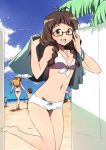  4boys 6+girls akizuki_ritsuko antenna_hair barefoot blonde_hair braid breasts brown_eyes brown_hair cleavage clouds collarbone glasses hat idolmaster jewelry long_hair mound_of_venus multiple_boys multiple_girls mushiboy navel open_mouth pendant sky sweat swimsuit twin_braids umbrella 