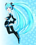  1girl ahoge aqua_hair blue_eyes boots detached_sleeves hatsune_miku headphones long_hair looking_back open_mouth skirt solo thigh-highs thigh_boots twintails very_long_hair vocaloid yuta1147 