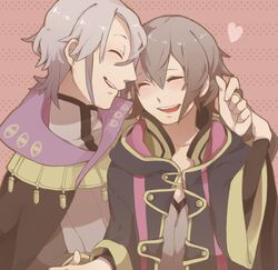  1boy 1girl ^_^ arm_around_shoulder arm_up blush bridal_gauntlets brown_hair cape closed_eyes couple eyeball fingernails fire_emblem fire_emblem:_kakusei grey_hair hair_between_eyes hands_together heart henry_(fire_emblem) jacket long_sleeves my_unit open_mouth parted_lips pink_background short_hair sideways_mouth teeth tooru_fuyuse very_short_hair wide_sleeves 