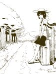  1girl hat kawashina_(momen_silicon) monochrome outdoors shameimaru_aya short_hair sitting smile solo tokin_hat touhou wings 